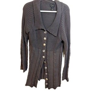 Pure Handknit Cotton Long Cardigan‎ 5 Jewel Button Closure w/slits  Gray S/M